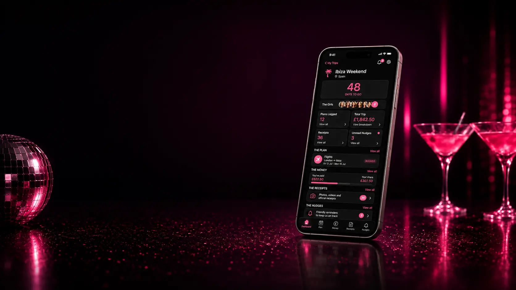 The Girls Trip Guide product dashboard on a phone in a neon nightlife setting